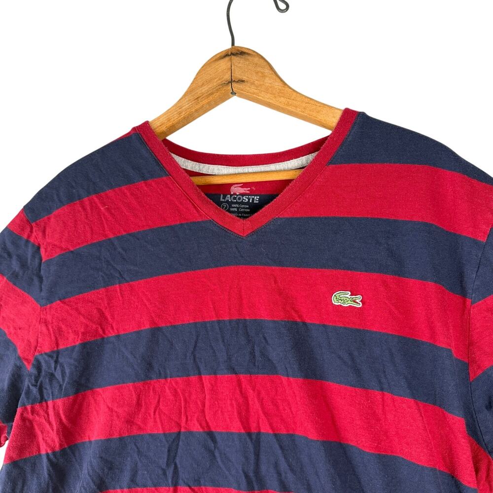 Lacoste Shirt Mens 7 M Red Navy Stripe V-Neck Logo Cotton Casual Tee T-Shirt